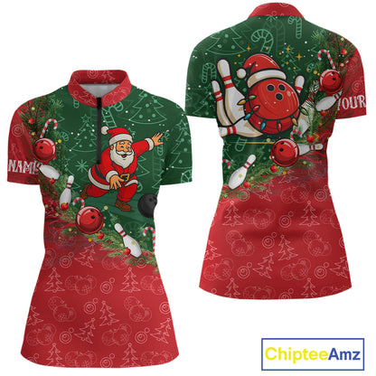 Christmas Santa Women Bowling Polo, Quarter Zip Shirt Custom Christmas Team Bowling outfit For Ladies NQS10342