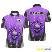 Load image into Gallery viewer, Black and purple flame skull Bowling Polo, 1/4 Zip Shirt for men Custom Team Bowling League Jersey NQS10204