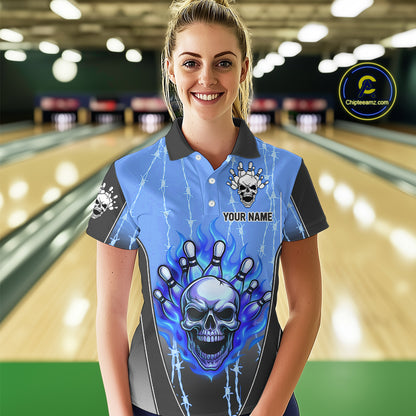 Black and blue flame skull Bowling Polo, 1/4 Zip Shirt for Women Custom Team Bowling League Jersey NQS10205