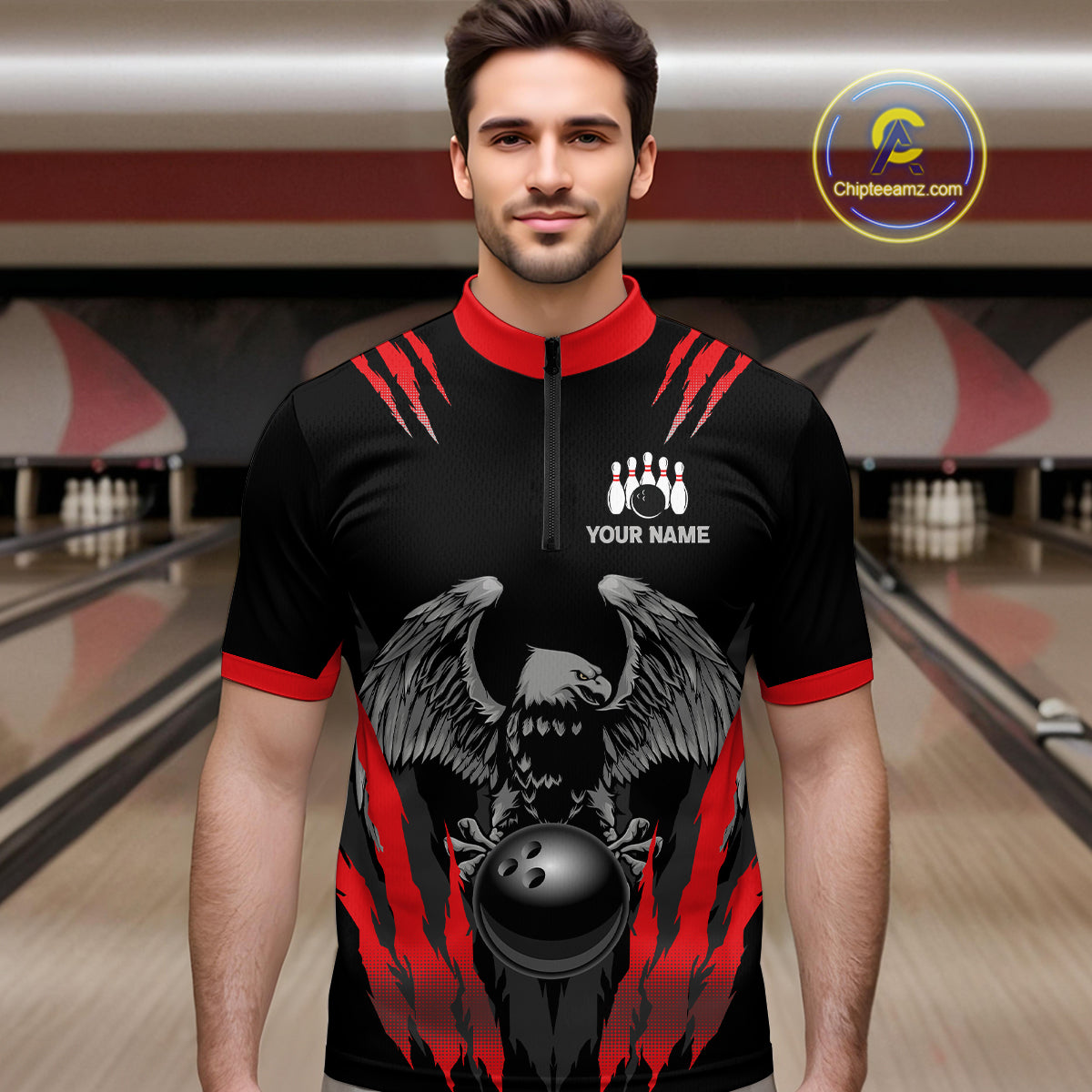Black and Red Eagle Bowling Shirts For Men Custom Eagle Bowling Team Jerseys Bowling Uniform NQS11151
