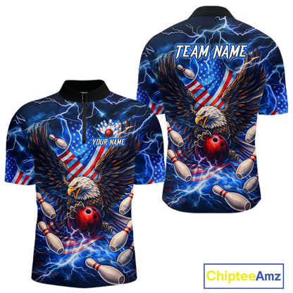 US Flag Eagle Bowling Shirts for Men Custom Blue Lightning Thunder Patriotic Team Bowling Jerseys NQS11581