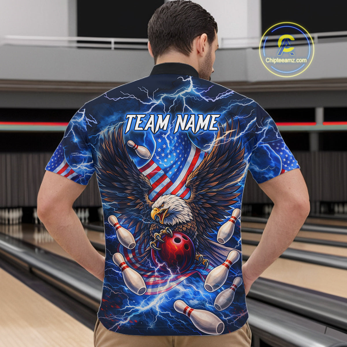 US Flag Eagle Bowling Shirts for Men Custom Blue Lightning Thunder Patriotic Team Bowling Jerseys NQS11581