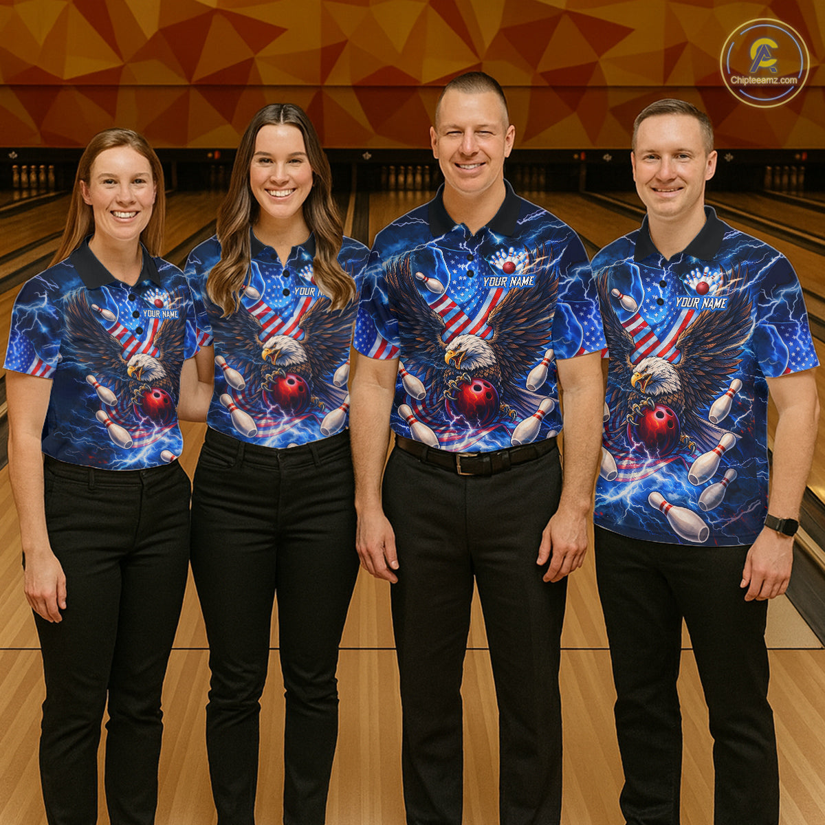 US Flag Eagle Bowling Shirts for Women Custom Blue Lightning Thunder Patriotic Team Bowling Jerseys NQS11581