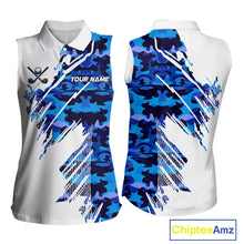Load image into Gallery viewer, Personalized Women sleeveless golf polo shirt custom white and blue camo ladies golf apparel NQS10073