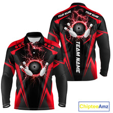 Load image into Gallery viewer, Black Mens bowling Polo, Quarter Zip shirt Custom lightning thunder team league bowling jerseys | Red NQS10373