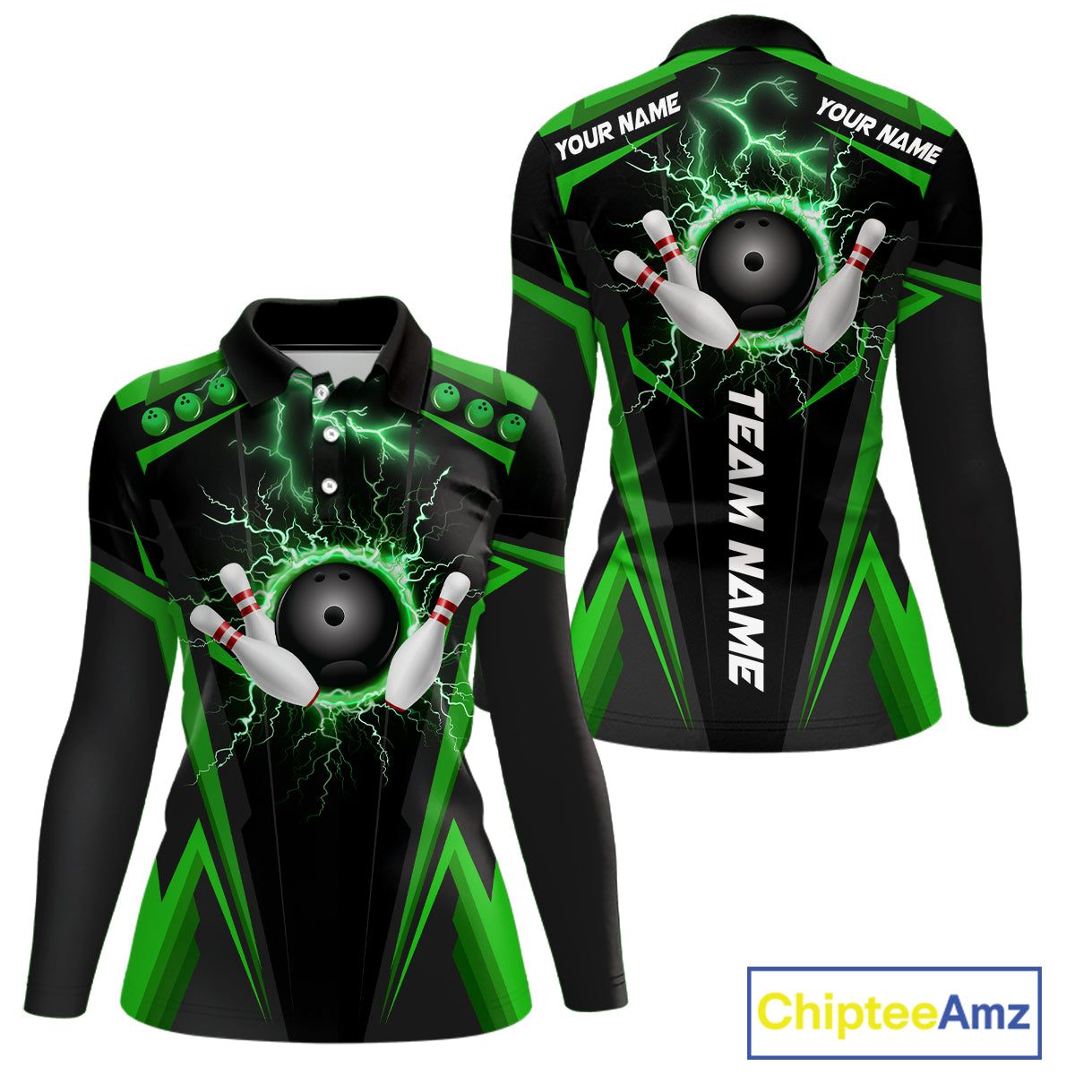 Black Women bowling Polo, 1/4 Zip shirt Custom lightning thunder team league bowling jersey | Green NQS10374