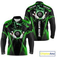 Load image into Gallery viewer, Black Men bowling Polo, Quarter Zip shirt Custom lightning thunder team league bowling jersey | Green NQS10374