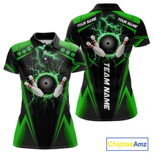 Load image into Gallery viewer, Black Women bowling Polo, 1/4 Zip shirt Custom lightning thunder team league bowling jersey | Green NQS10374
