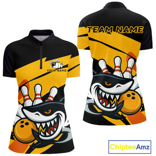 Black and yellow shark Women Bowling polo, quarter zip shirt custom Shark Bowling team league shirt NQS10393