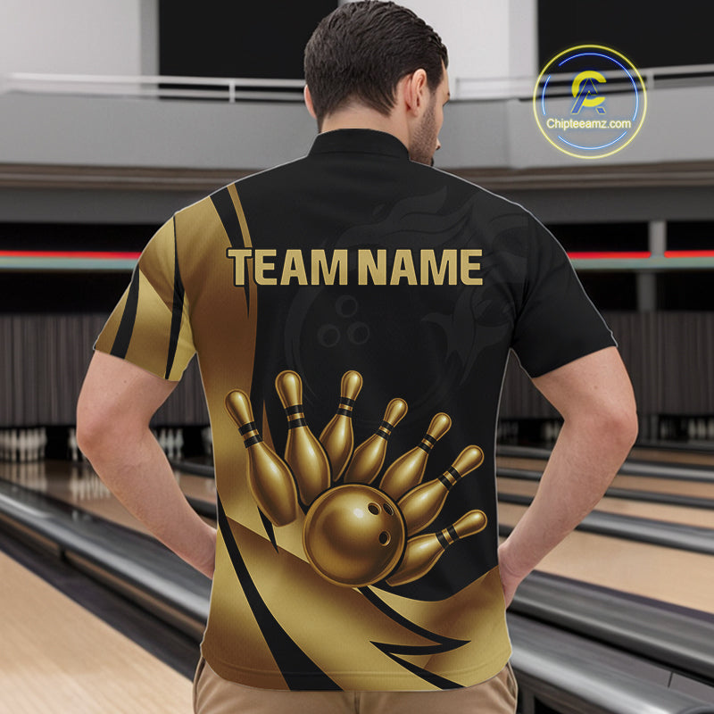 Black and Gold Mens Bowling Polo, Quarter Zip Shirts Custom Team Bowling League Jersey NQS10079