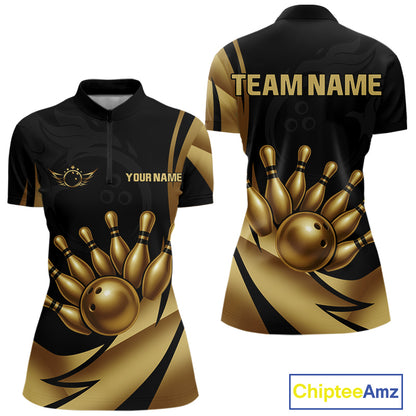 Black and Gold Women Bowling Polo, Quarter Zip Shirts Custom Team Bowling League Jersey NQS10079