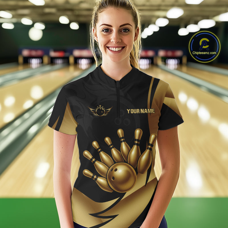 Black and Gold Women Bowling Polo, Quarter Zip Shirts Custom Team Bowling League Jersey NQS10079