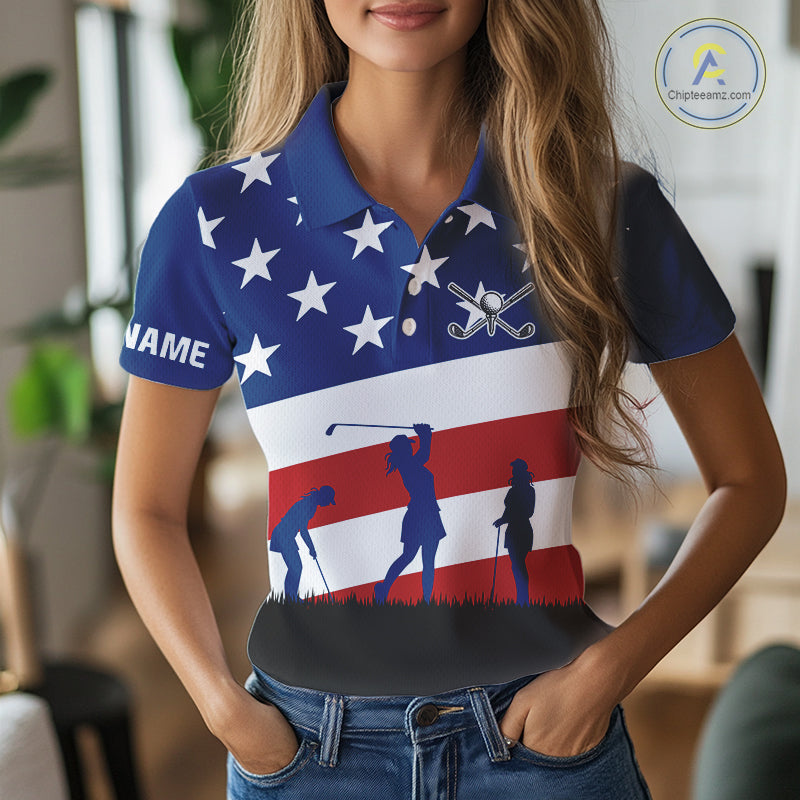 American Flag golf polo shirts for Women Custom Red, White and Blue Patriotic ladies golf attire NQS10230