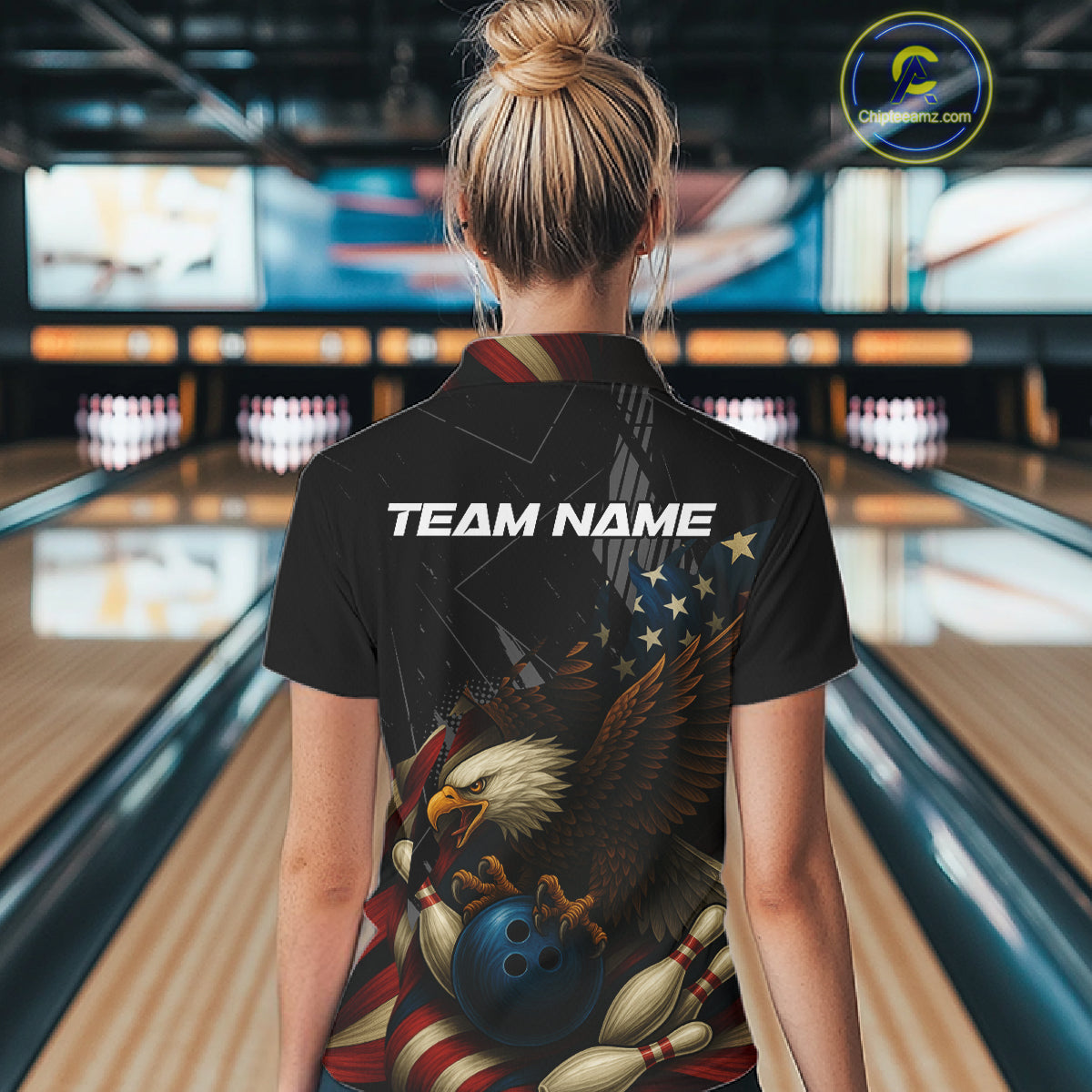 American Flag Eagle Black Bowling Shirts For Women Custom Patriotic Bowling Team Jersey Bowler gifts NQS10606