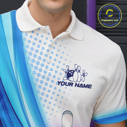 Custom Blue and White Bowling Mens Polo, Quarter Zip Shirts, Bowlers Outfit NQS10607