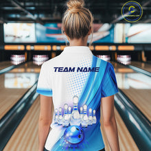 Load image into Gallery viewer, Custom Blue and White Bowling Women's Polo, Quarter Zip Shirts, Bowlers Outfit NQS10607