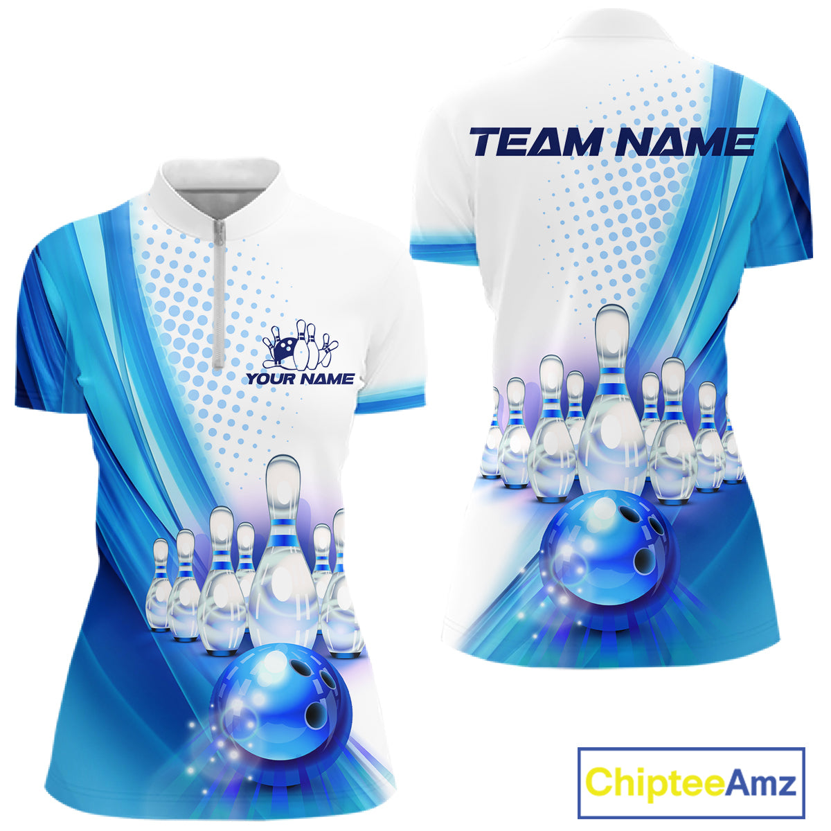 Custom Blue and White Bowling Women's Polo, Quarter Zip Shirts, Bowlers Outfit NQS10607