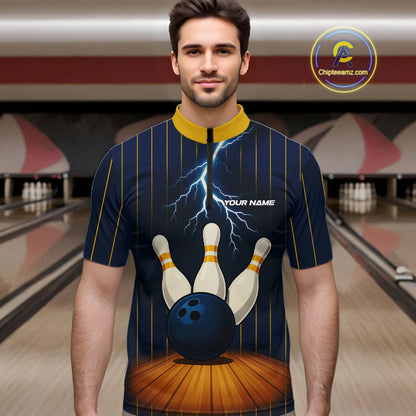 Custom Yellow and Blue Lightning Thunder Bowling Polo, 1/4 Zip Shirts For Men, Team Bowling Outfits NQS10620