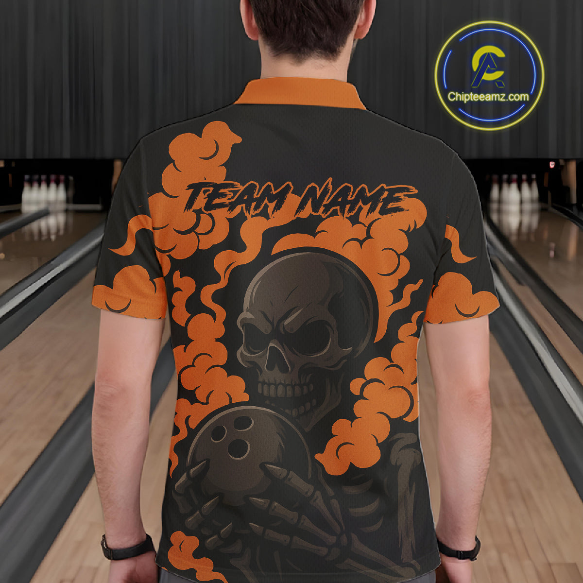 Custom Black and Orange Skull Team Bowling Polo, 1/4 Zip Shirts For Men, Halloween Bowling Outfits NQS10621