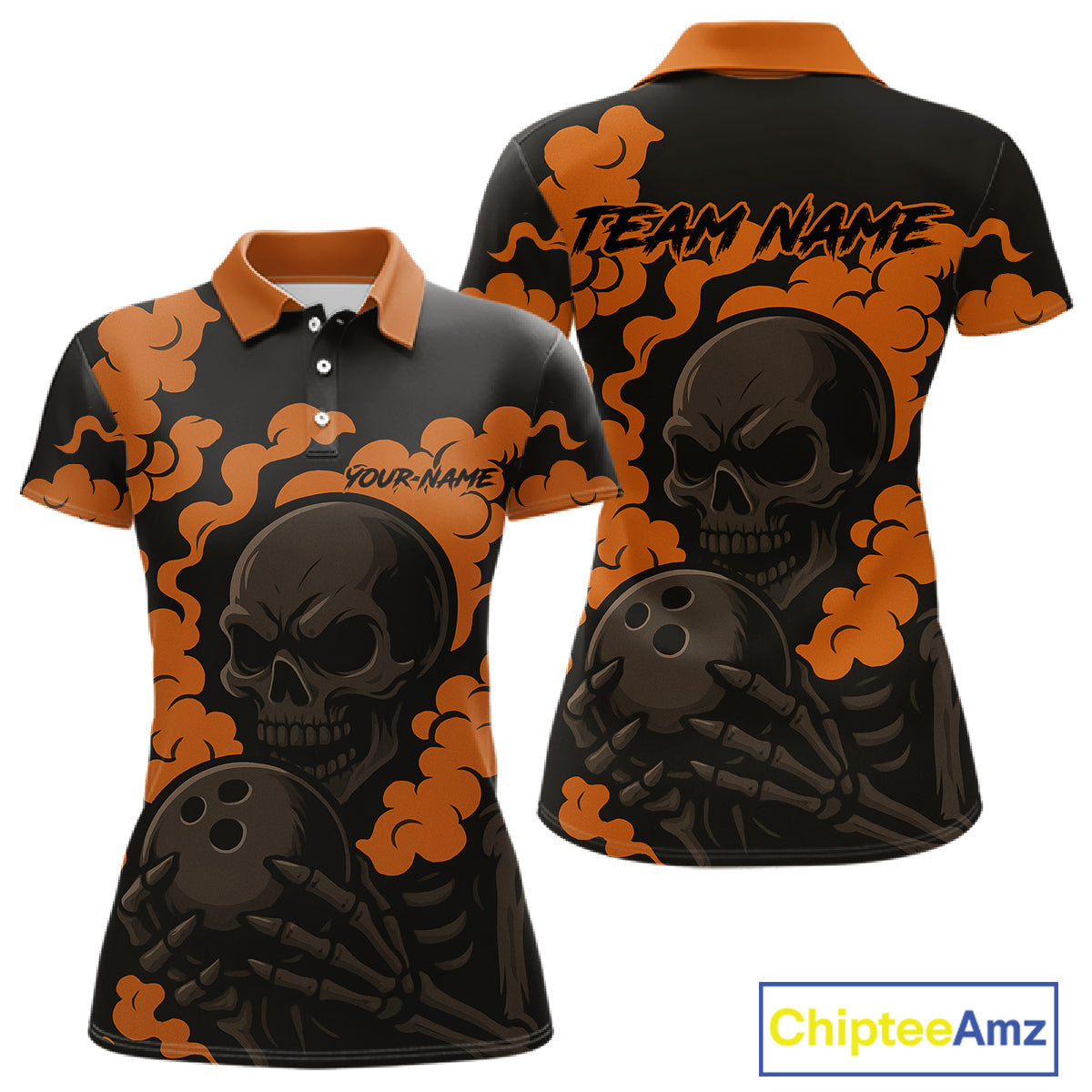 Custom Black and Orange Skull Team Bowling Polo, 1/4 Zip Shirts For Women, Halloween Bowling Outfits NQS10621