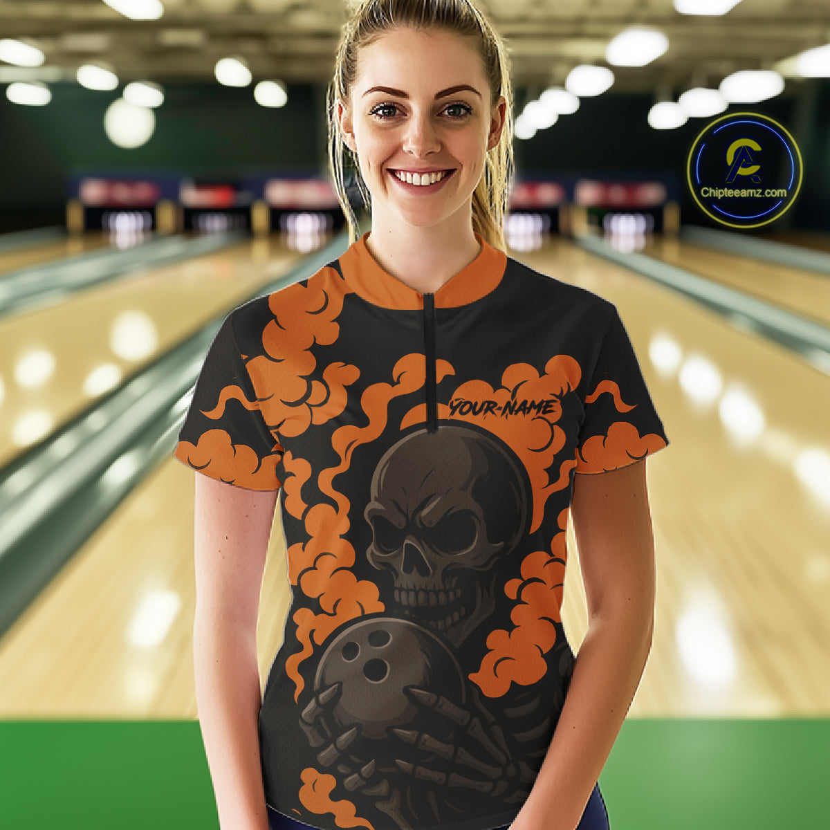 Custom Black and Orange Skull Team Bowling Polo, 1/4 Zip Shirts For Women, Halloween Bowling Outfits NQS10621