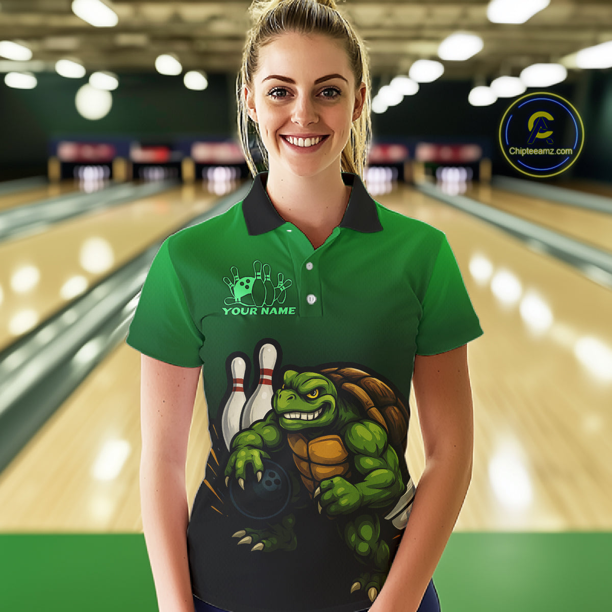 Custom Green Turtle Bowling Polo, Quarter Zip shirts For Women, Bowling tournament Team Jerseys NQS10624