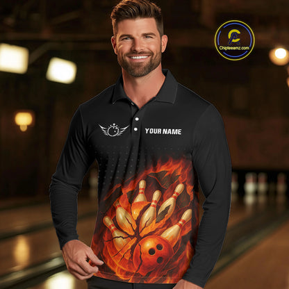 Flame Broken Bowling Ball and pins Bowling Shirt For Men Custom Flame Team Bowling Jerseys NQS10102