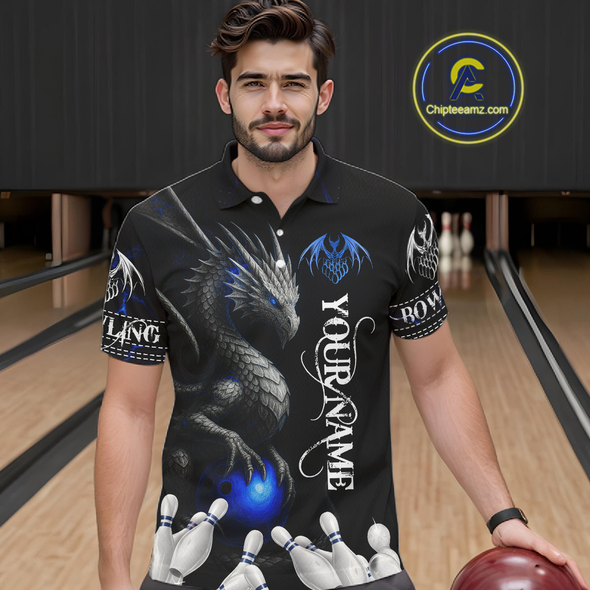 Black And Blue Dragon Bowling Polo, 1/4 Zip Shirt For Men Custom Dragon Bowling Team League Jersey NQS10628