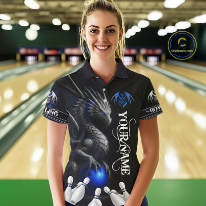 Black And Blue Dragon Bowling Polo, 1/4 Zip Shirt For Women Custom Dragon Bowling Team League Jersey NQS10628