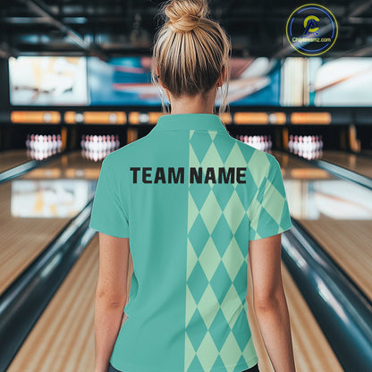 Turquoise argyle pattern Bowling Polo, Quarter Zip Shirt For Women Custom Team Bowling Jerseys NQS10107