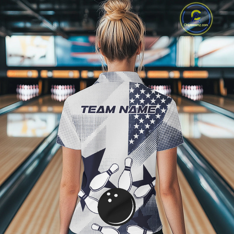 White and Blue American Flag Bowling shirts for Women Custom patriotic retro Bowling Team Jersey NQS10248