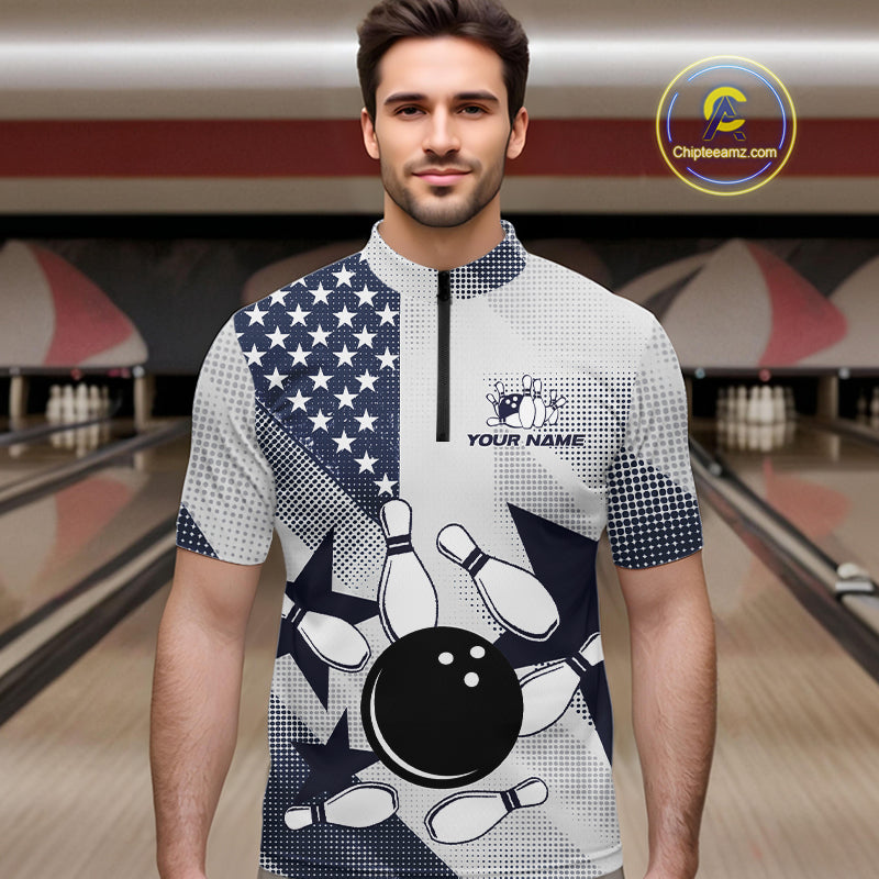 White and Blue American Flag Bowling shirts for Men Custom patriotic retro Bowling Team Jersey NQS10248