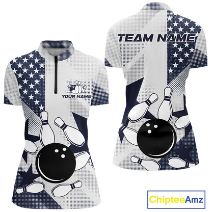 White and Blue American Flag Bowling shirts for Women Custom patriotic retro Bowling Team Jersey NQS10248