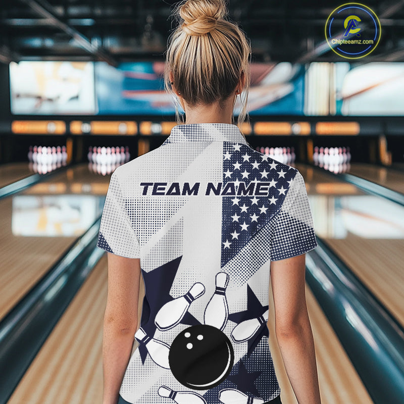 White and Blue American Flag Bowling shirts for Women Custom patriotic retro Bowling Team Jersey NQS10248