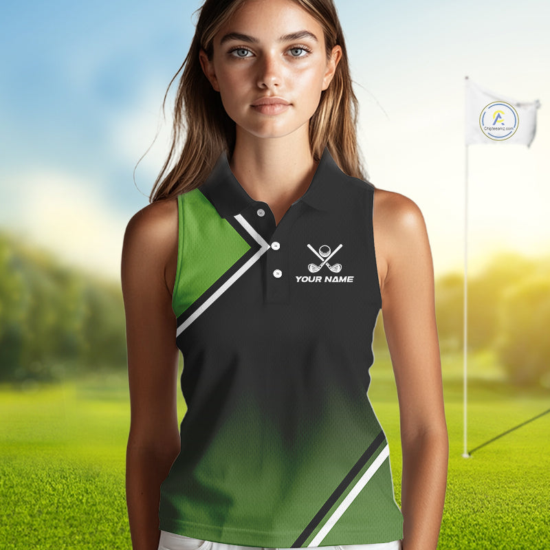 Green and Black Women Sleeveless Polo Shirt Custom golf clothes for ladies, gifts for the golfer NQS10249