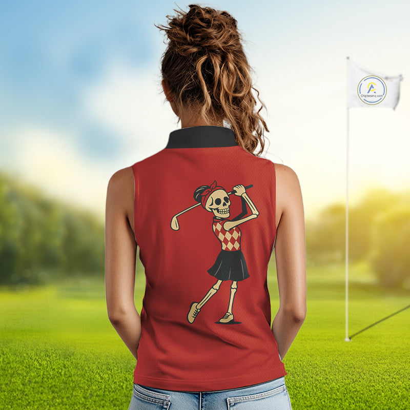 Red and Black argyle pattern Skull Women Sleeveless Polo Shirt Custom funny ladies golf outfit NQS10250