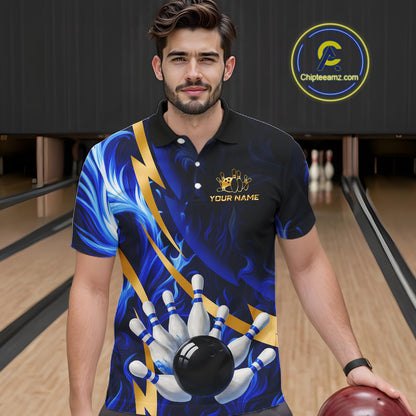 Personalized Bowling Polo, Quarter Zip Shirts for Men Custom Blue Flame and Gold Bowling Team Jersey NQS10446