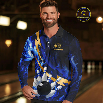 Personalized Bowling Polo, Quarter Zip Shirts for Men Custom Blue Flame and Gold Bowling Team Jersey NQS10446