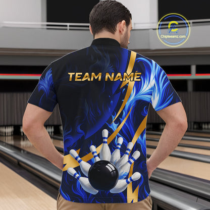 Personalized Bowling Polo, Quarter Zip Shirts for Men Custom Blue Flame and Gold Bowling Team Jersey NQS10446