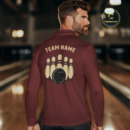 Red argyle pattern Bowling polo, 1/4 zip shirt for Men custom vintage bowling shirt, gift for bowlers NQS10255
