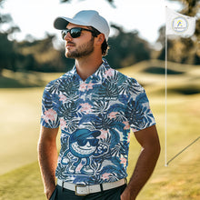 Load image into Gallery viewer, Blue tropical leaf pattern pink flower funny Golf polo shirts For Men Custom mens golf outfits NQS10119