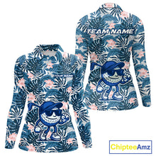 Load image into Gallery viewer, Blue tropical leaf pattern pink flower funny Golf polo shirts for Women Custom ladies golf outfits NQS10119