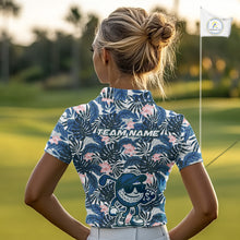 Load image into Gallery viewer, Blue tropical leaf pattern pink flower funny Golf polo shirts for Women Custom ladies golf outfits NQS10119