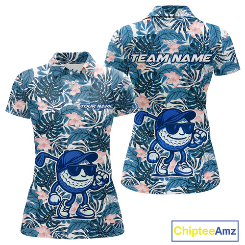 Blue tropical leaf pattern pink flower funny Golf polo shirts for Women Custom ladies golf outfits NQS10119