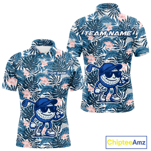 Blue tropical leaf pattern pink flower funny Golf polo shirts For Men Custom mens golf outfits NQS10119