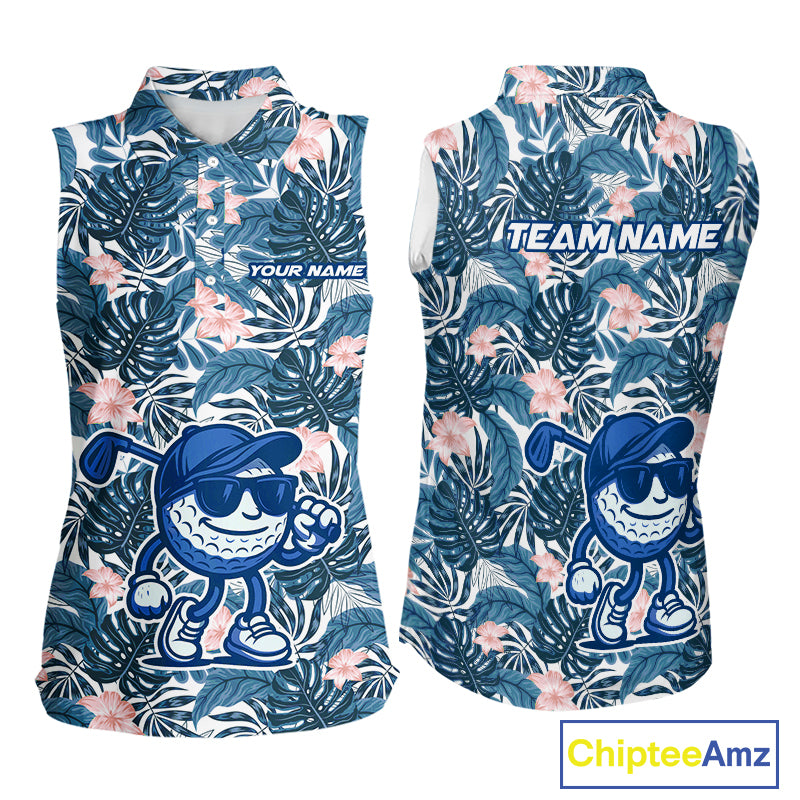 Blue tropical leaf pattern pink flower funny Sleeveless Golf polo shirts Custom ladies golf outfits NQS10119