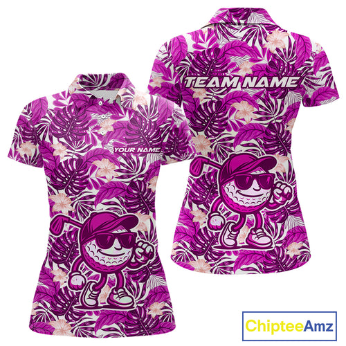 Pink tropical flower leaf pattern funny Golf polo shirts for Women Custom ladies golf outfits NQS10120