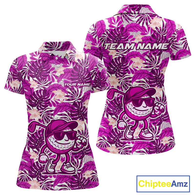 Pink tropical flower leaf pattern funny Golf polo shirts for Women Custom ladies golf outfits NQS10120