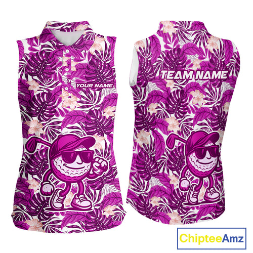 Pink tropical flower leaf pattern funny Sleeveless Golf polo shirts Custom ladies golf outfits NQS10120