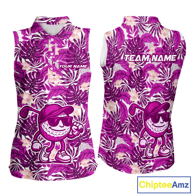 Pink tropical flower leaf pattern funny Sleeveless Golf polo shirts Custom ladies golf outfits NQS10120